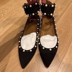 Aquazzura Black Pointed Pearl-Trim Ankle-Strap Flats